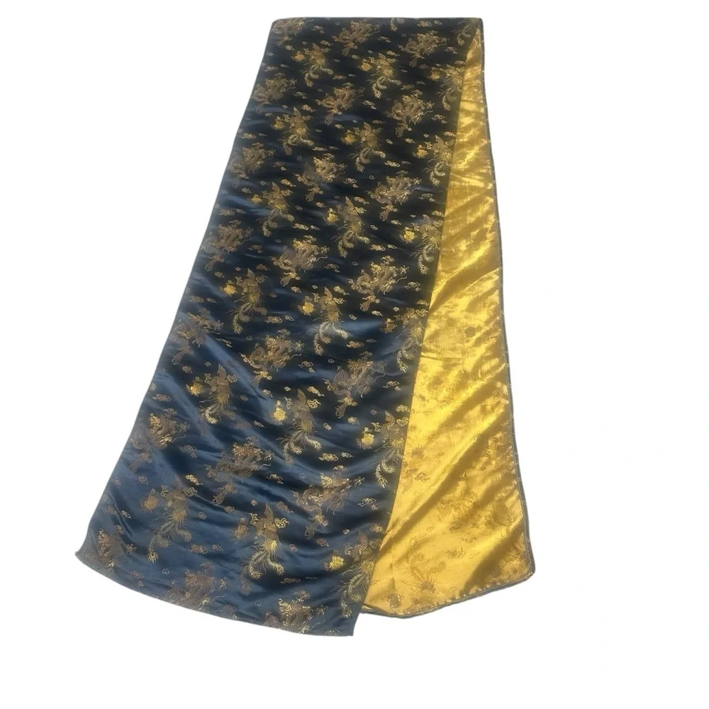 Asian‎ Silk Brocade Dragon Phoenix Table Runner 10.5 Ft Blue Gold Extra Long EUC